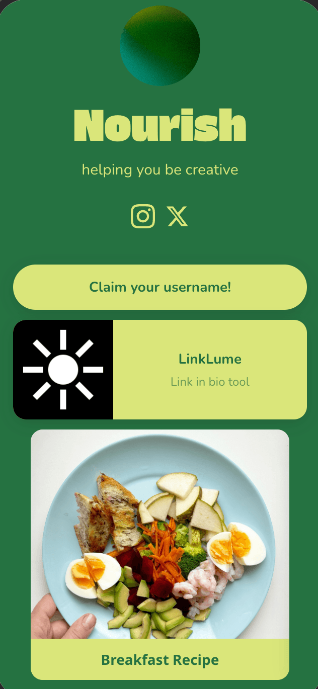 Link in bio example with forest green and lime accent theme