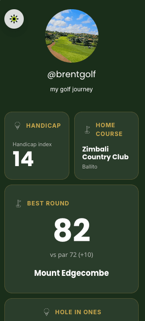 Example LinkLume golf profile showing golfer stats and journey blocks