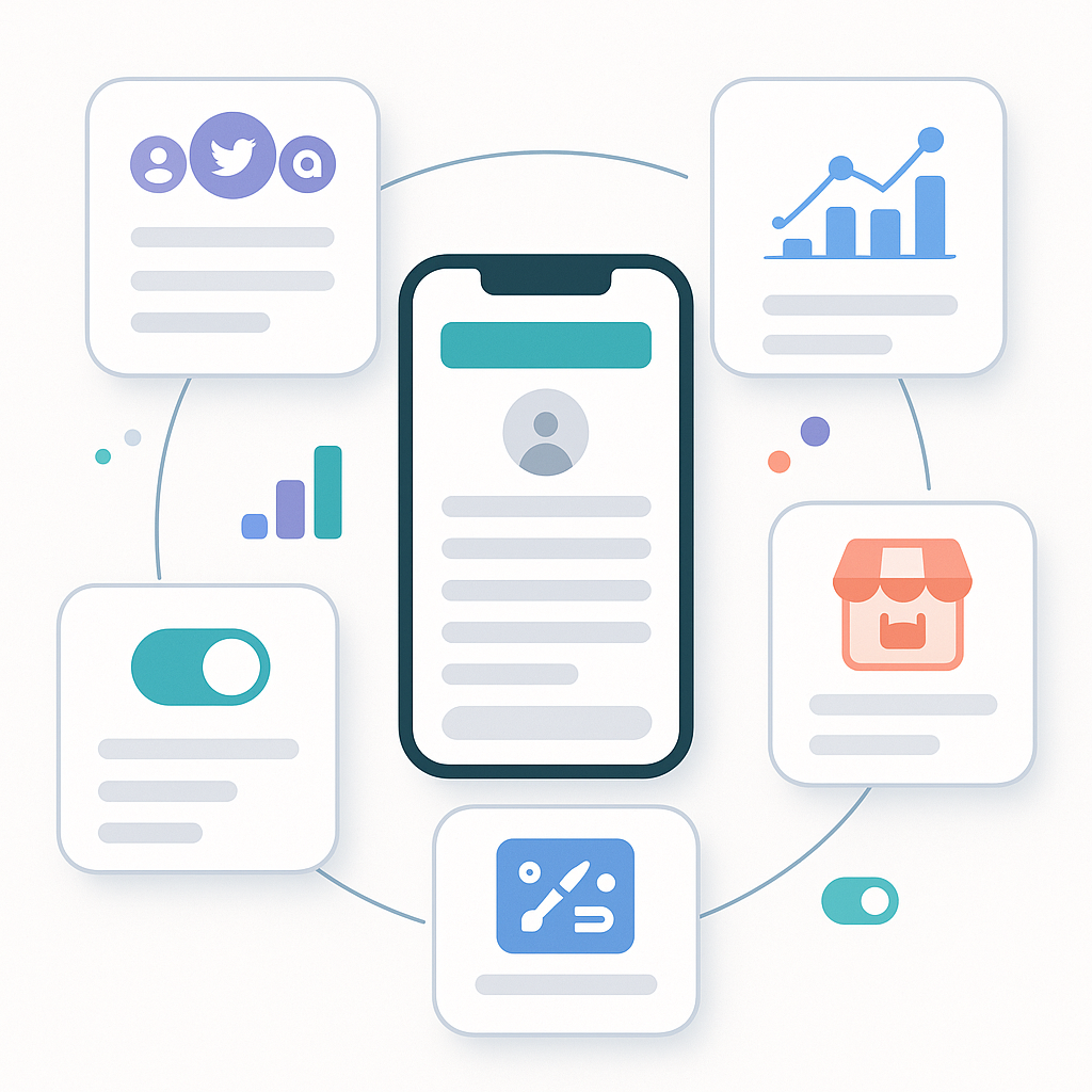 Square comparison wheel illustration with a smartphone link hub in the center and five icon-only tool cards around it.