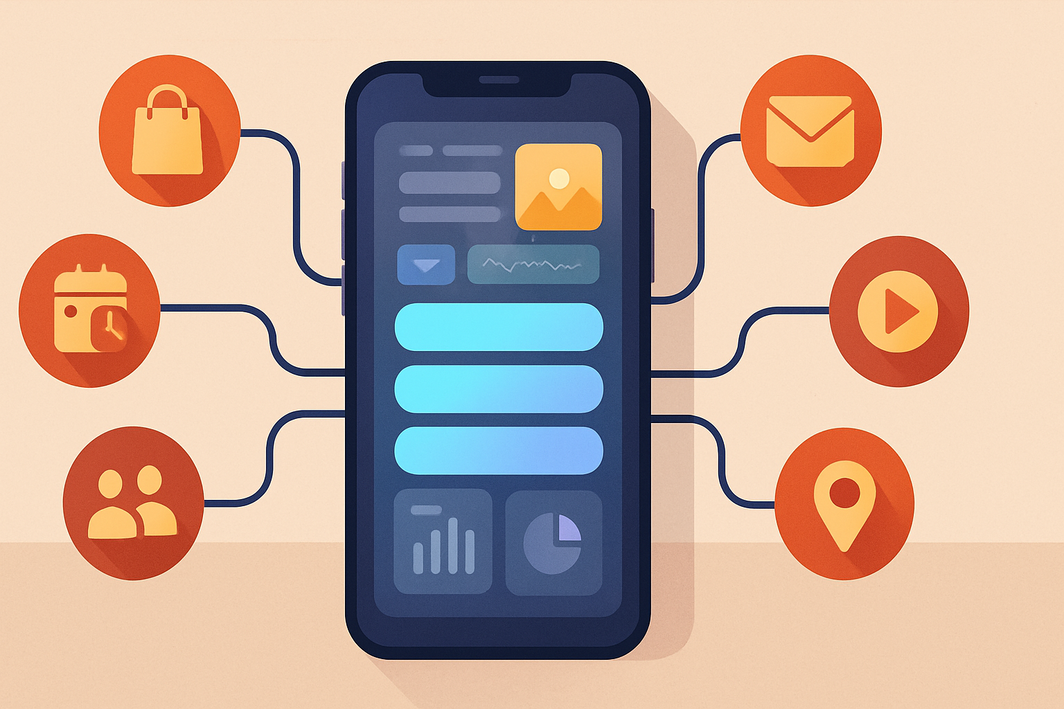 Illustration of a smartphone-based link-in-bio page connecting multiple destinations like shop, bookings, newsletter, and social profiles.